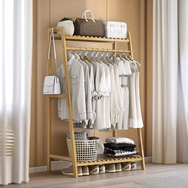 Pirlo Plush Bamboo Clothing Rail with Shelves in Brown, W: 140 cm, D: 50 cm – 1