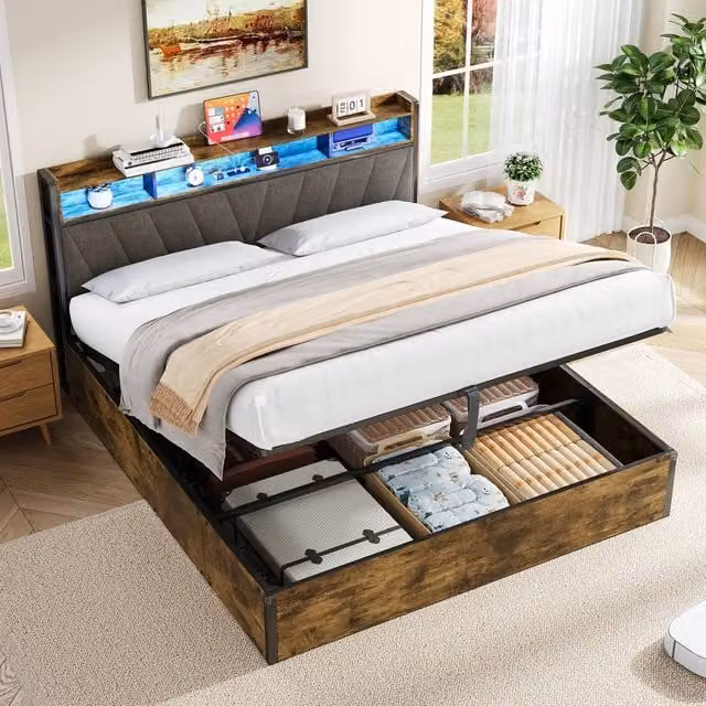 BTM Hydraulic Bed Frame with RGB Headboard and USB-C Charging Port in Dark Brown, King Size (180 x 200 cm)