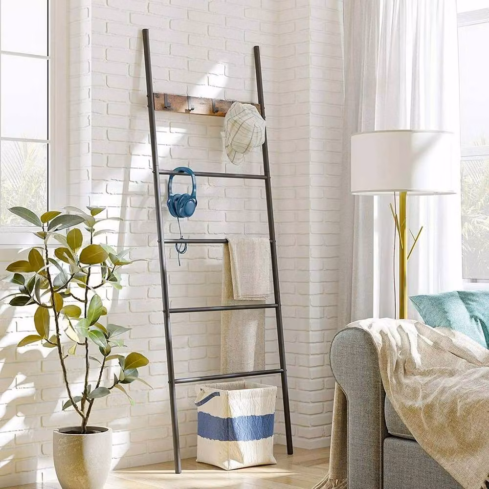 EONLION Black Metal and MDF Leaning Blanket Ladder and Towel Rack, H 177 cm x W 60 cm x D 3.3 cm – 3
