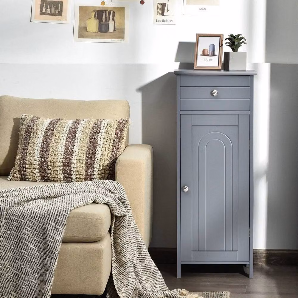 Kelvenix Grey Wooden Bathroom Floor Standing Storage Cabinet with Hinged Doors and Internal Shelves and Drawers – 5