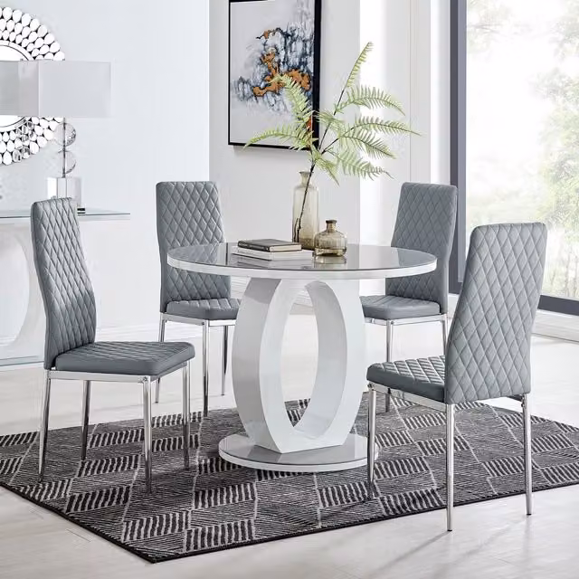 FurnitureboxUK Giovani Round Dining Table and 4 Milan Chairs Set, White High Gloss Halo Base with Grey Glass Top and Silver Legs, Diameter: 100 cm