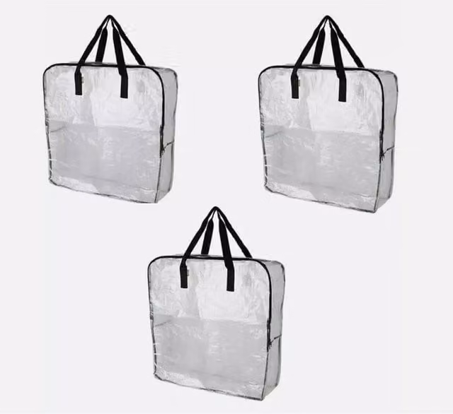 VOGREX Set of 3 Transparent Heavy Duty Reusable Laundry Bags, Moth and Moisture Proof Plastic Storage Bags