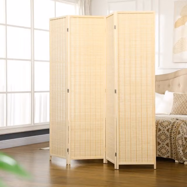 HOMCOM 4 Panel Bamboo Folding Room Divider Privacy Screen in Light Yellow