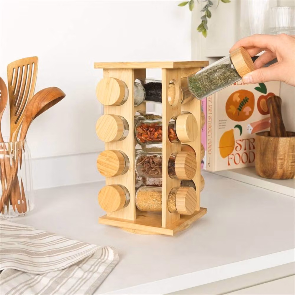 Nordara Brown Bamboo Rotating Seasoning Storage Set with 16 Screw Top Jars, Diameter: 20 cm – 2