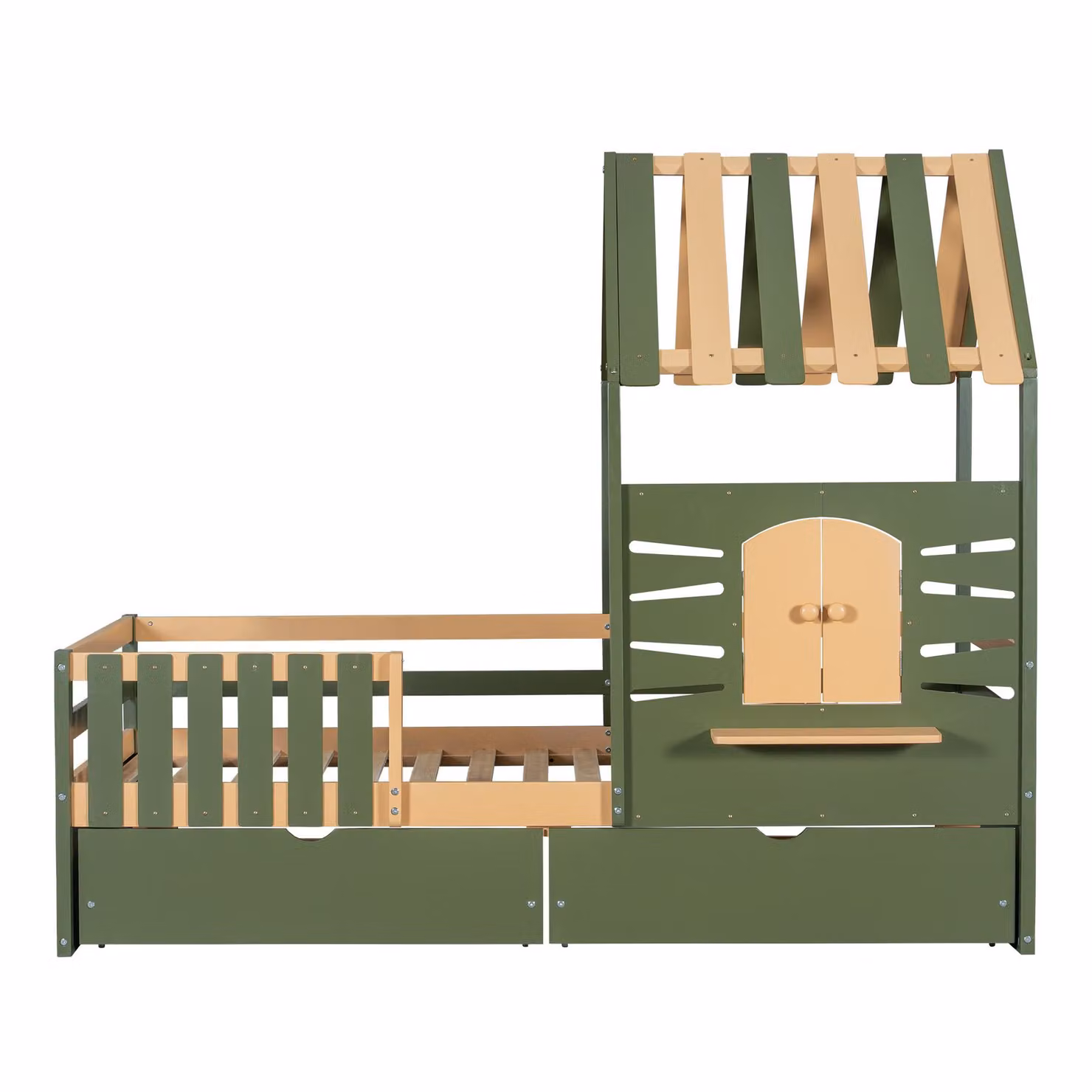 Aosom UK Childrens Wooden Single Bed with Faux Roof Design, 2 Storage Drawers and Safety Guardrail, Green and Natural, L: 197.5 cm, W: 97 cm, H: 166 cm – 2