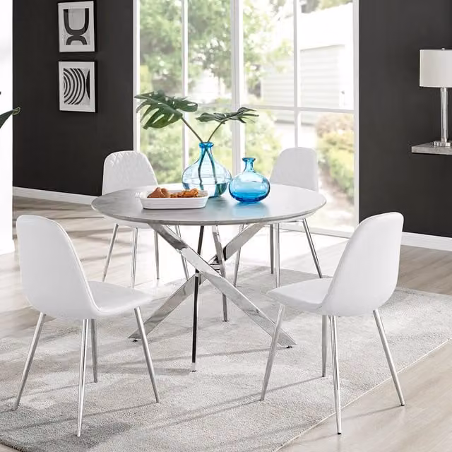 FurnitureboxUK Novara Grey Concrete Round Dining Table and 4 Corona Silver Leg Chairs in White, Diameter: 120 cm