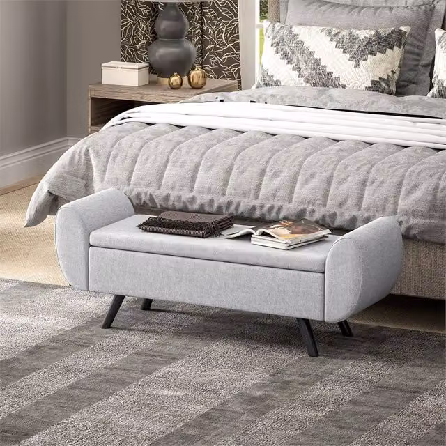 FORGEVIO Grey Fabric Storage Ottoman with Armrest