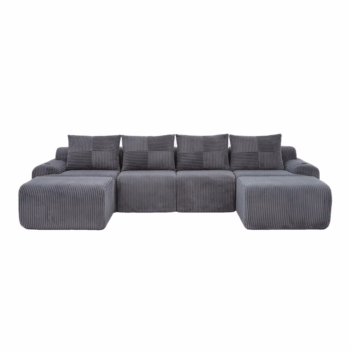 Aosom UK 4-Seater Modular Cord Fabric Sectional Sofa with 2 Ottomans and Integrated Cup Holders, Dark Grey, W: 333 cm, D: 174 cm, H: 80 cm – 2
