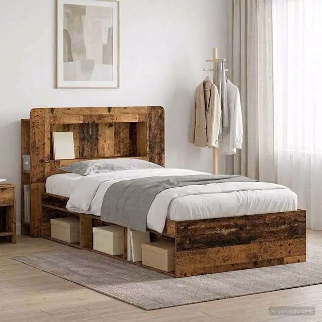 Berkfield Home Modern Bed Frame with Storage Drawers in Old Wood Brown, W/D/H: 90 x 200 x 35 cm