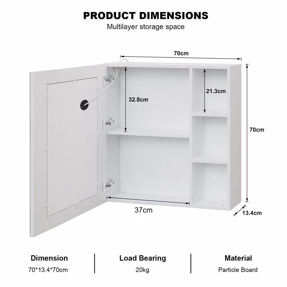 KEEPREAPER White Illuminated Bathroom Cabinet with LED Lighting, Sensor Switch and Anti-Fog Feature, 70 cm – 2