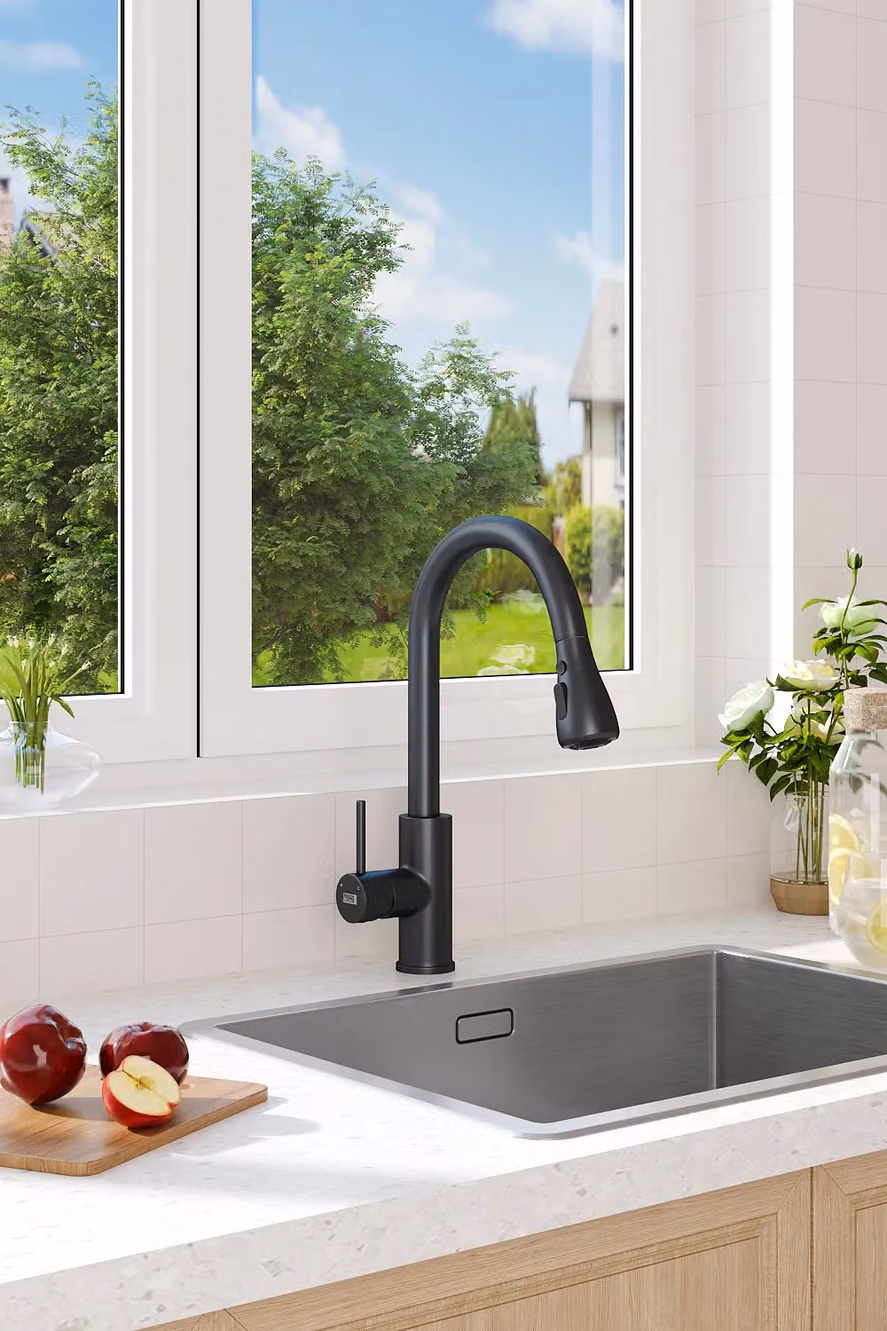 Living and Home Matt Black Kitchen Mixer Tap with Pull Out Spray Function – 2