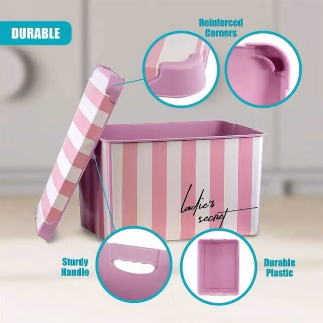 EONLION Set of 3 Stackable Plastic Storage Boxes with Lids, Pink, W/D/H: 50 x 50 x 50 cm