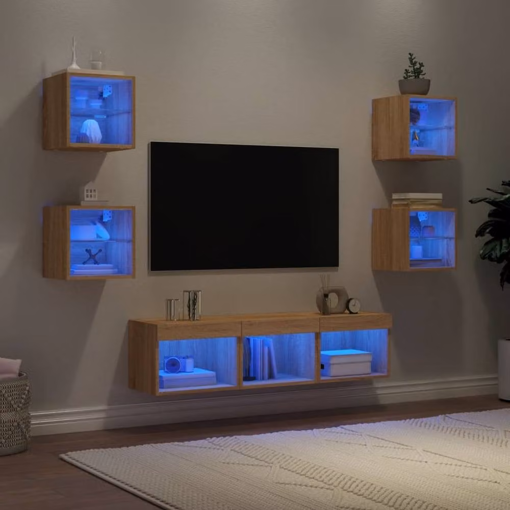 Berkfield Home 7 Piece Versatile TV Wall Unit Set with LED Lighting in Sonoma Oak and Tan – 1