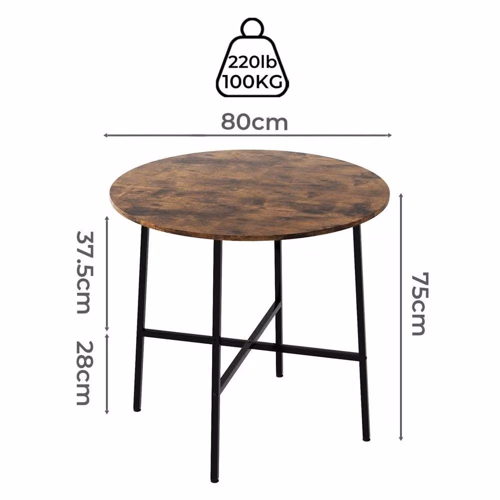 KORVIXA Round Industrial Dining Table for 4 People with Wood Top and Metal Base, Brown, Diameter: 80 cm – 2