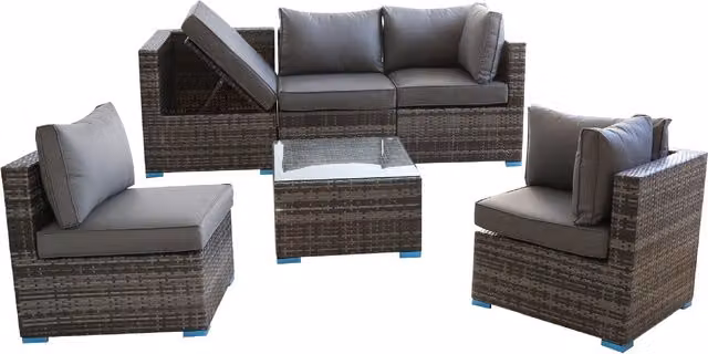 Furniture One 6 Piece Grey Polyrattan Modular Corner Sofa Set with Upholstered Cushions