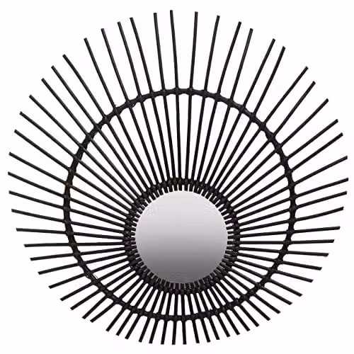 Orsina Black Rattan and Wood Round Boho Wall Mirror W: 80 cm, D: 3 cm, H: 80 cm