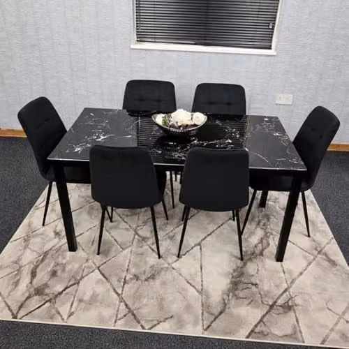 KOSY KOALA Black Marble Effect Dining Set with 6 Black Velvet Tufted Chairs