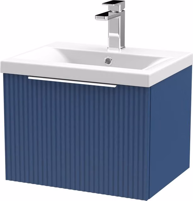 Balterley Fluted Wall Hung 1 Drawer Vanity Basin Unit and Basin, Satin Blue, Width: 50 cm