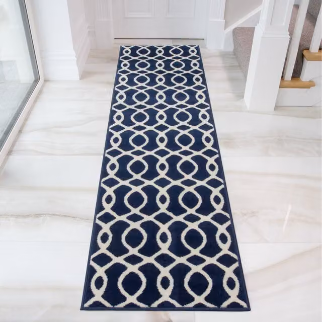 The Rug House Modern Geometric Trellis Living Room Rug in Blue and White, W: 240 cm, D: 60 cm