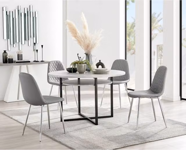 FurnitureboxUK Adley Round Grey Concrete Effect Dining Table and 4 Corona Silver Chairs