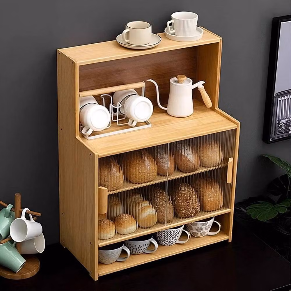 KORVIXA 4-Tier Brown Wood Desktop Display Rack and Bread Storage Cabinet with Adjustable Shelves – 3