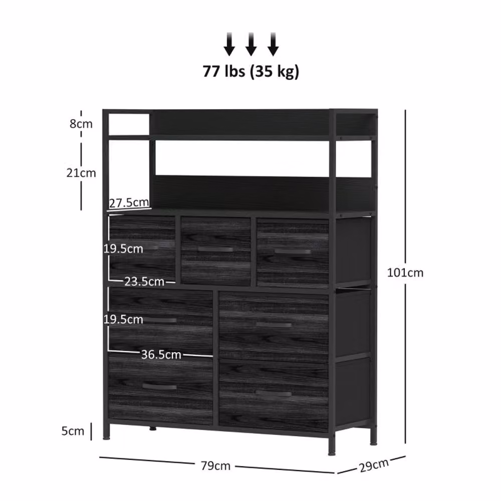 STILVORA Industrial Freestanding Chest of 7 Drawers with Shelves in Black Fabric and Metal – 2