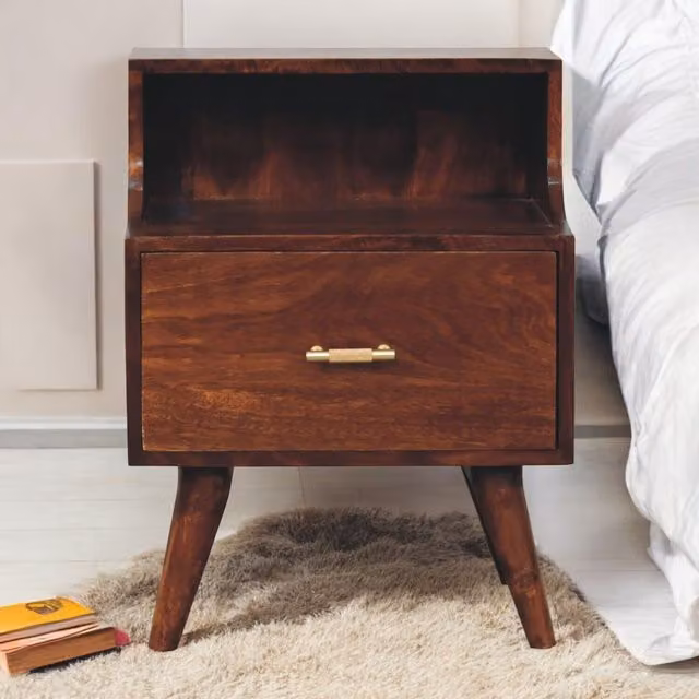 Artisan Furniture Mango Wood T-bar Raised Back Bedside Table in Brown