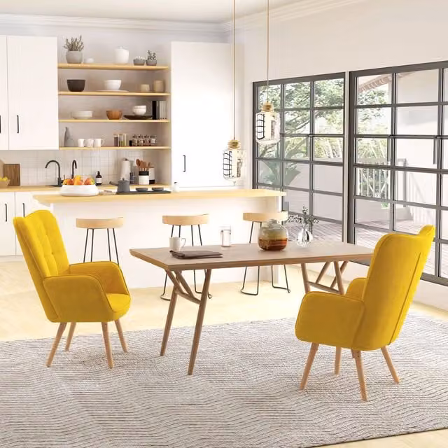 HOMCOM Set of 2 Modern Velvet-Touch Tufted Wingback Accent Armchairs in Yellow
