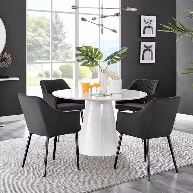FurnitureboxUK Palma White High Gloss Round Dining Table and 4 Calla Black Velvet Chairs