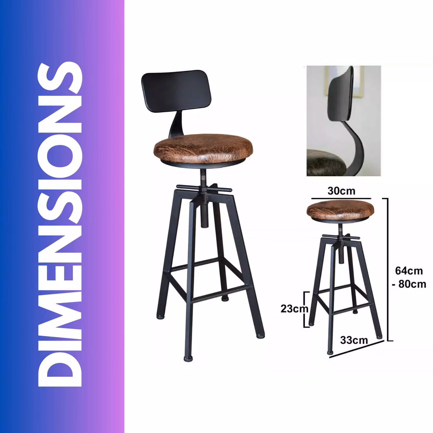 Rafaelo Mobilia Industrial Retro Bar Stool with Back in Brown Synthetic Leather – 5