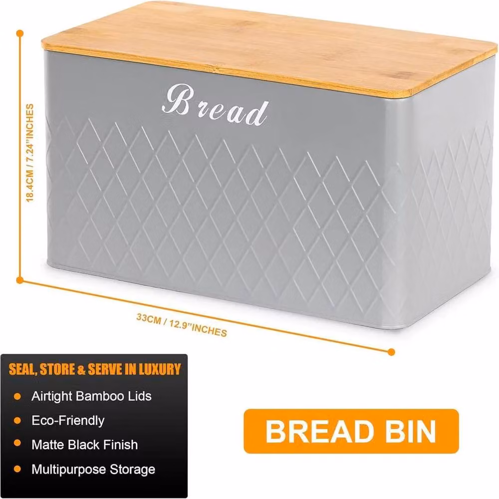 ATEK Grey Kitchen Canister Set with Bread Bin, Airtight Metal Storage Tins with Bamboo Lids for Tea, Coffee, Sugar and Biscuits – 2