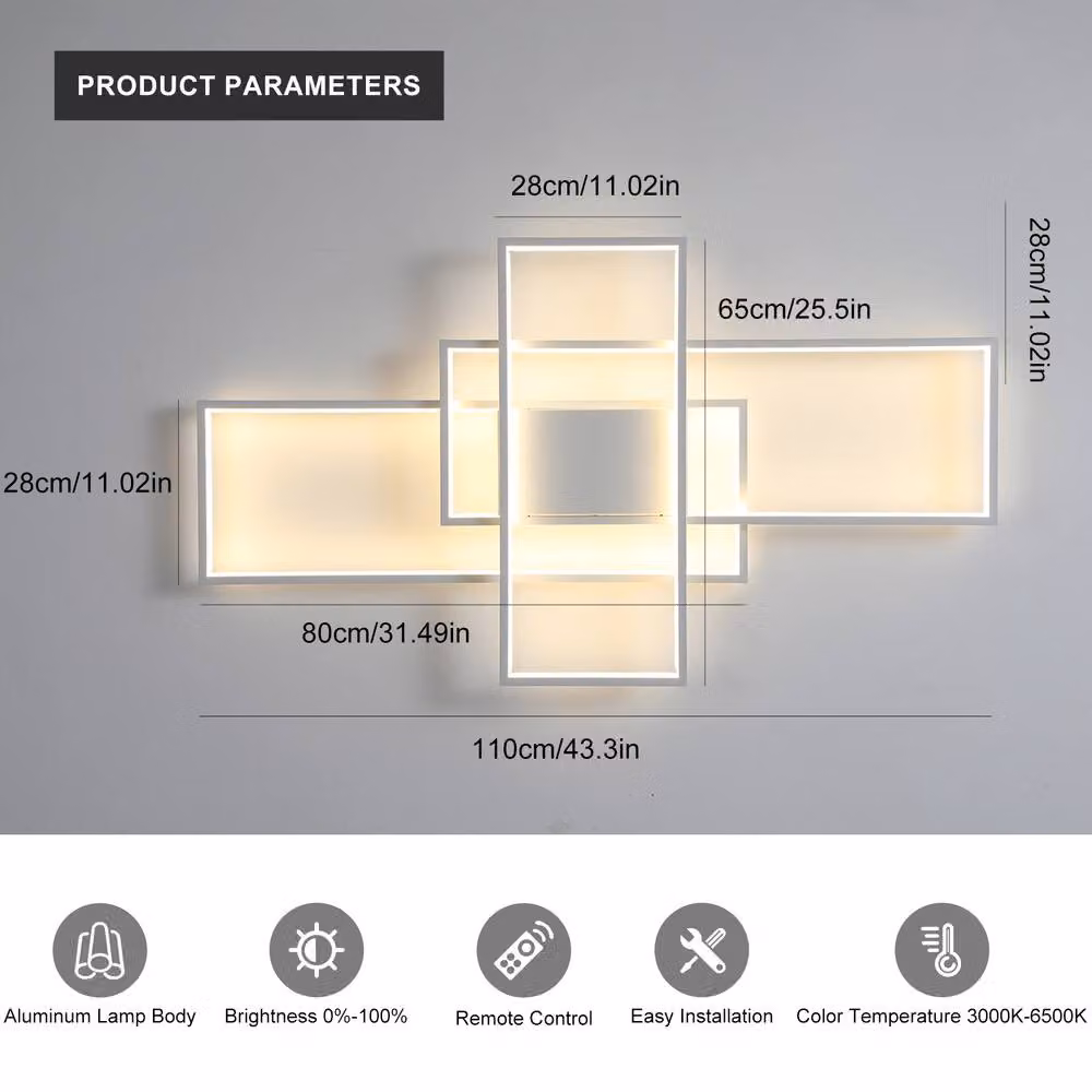 NIVOR Modern Square 3-Light LED Ceiling Light in White with Remote Control and Dimming Function, W: 110 cm – 2
