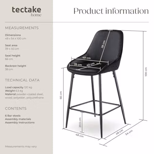 tectake Set of 6 Siera Bar Stools in Black Velvet Look with Metal Legs – 3
