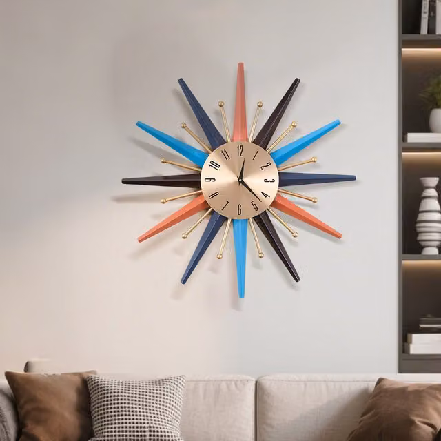 Komore Mid-Century Geometric Metal Starburst Wall Clock, Multicolour and Gold, Diameter: 55 cm