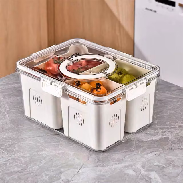 Livingandhome Airtight Multi-Compartment Fridge Storage Container, White, Width: 14.2 cm