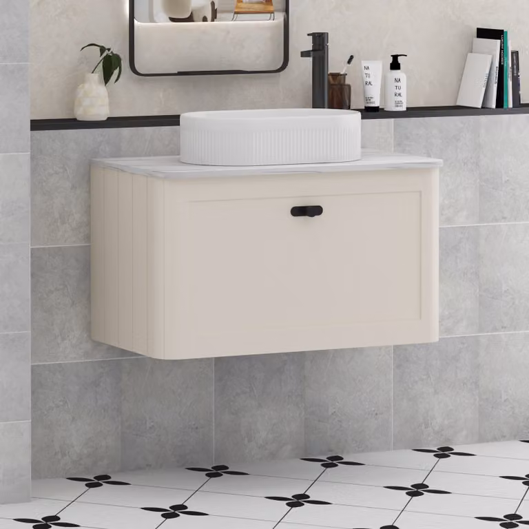 Royal Bathrooms Henley Wall Hung Vanity Unit in Mushroom Cashmere with Lyon Basin and Matt Black Knob, Width: 80 cm