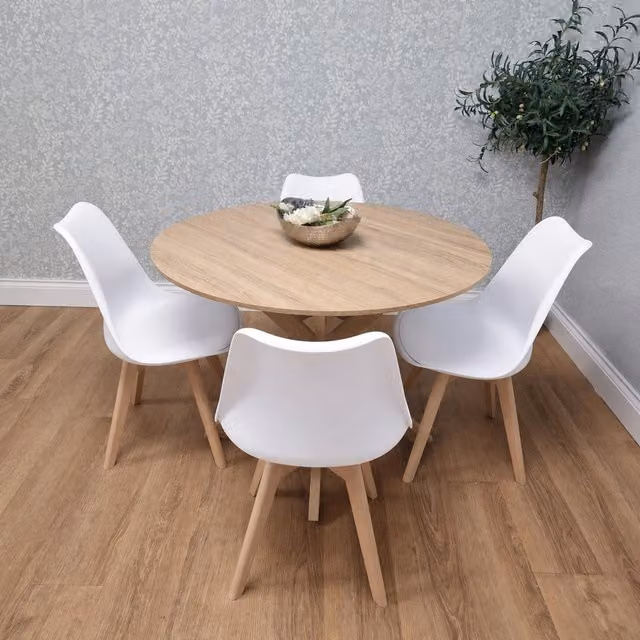 Kosy Koala 5 Seater Round Dining Set with Brown Wood Effect Table and 4 White Chairs