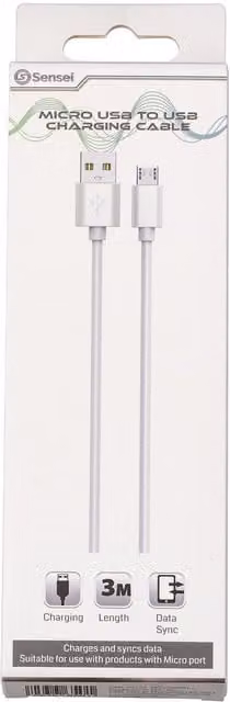 Sensei Micro USB to USB A Charging Cable, White