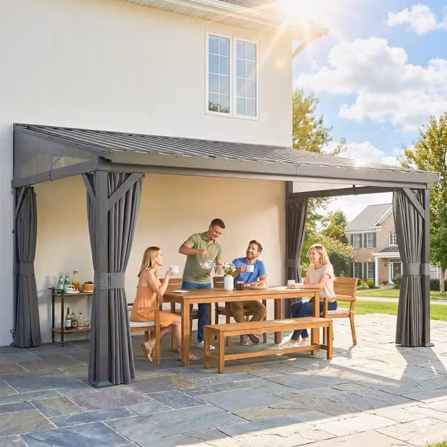 Outsunny Modern Lean-to Pent Garden Pergola with Netting Curtains in Dark Grey, W: 4.3 m, D: 3 m