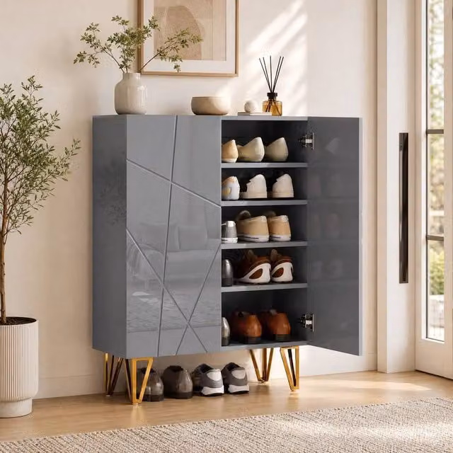 STILVORA Grey Modern Shoe Cabinet with Soft-Close Hinged Doors and Internal Shelves – 1