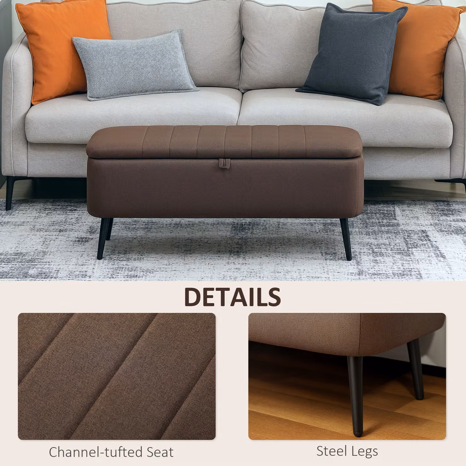HOMCOM Linen-Look Storage Ottoman in Brown, W: 92 cm, D: 31 cm, H: 31 cm – 6