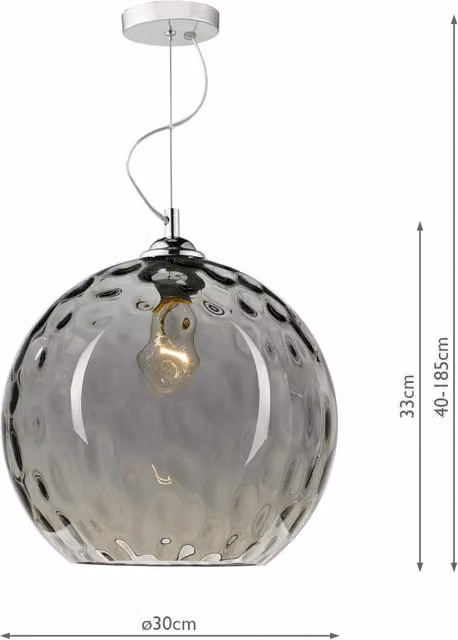 Dar AUL0110 Suspended Sphere Pendant Light in Black and Chrome with Transparent Grey Glass, Height Adjustable and Dimmable, H 185 cm x W 60 cm x D 30 cm