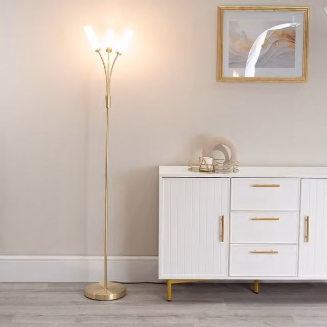 ValueLights Maya 3 Way Curved Arm Reed Shaded Upright Floor Lamp in Gold/Brass, H 158.5 cm x W 26.5 cm