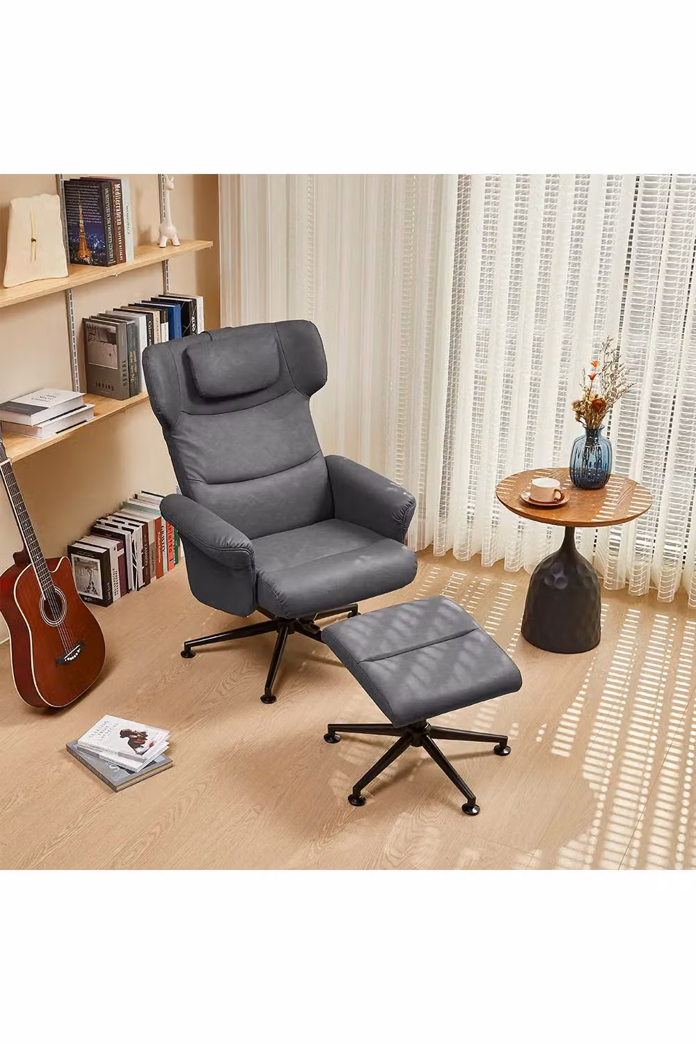 Living and Home Grey Faux Leather Swivel Armchair with Footstool – 2