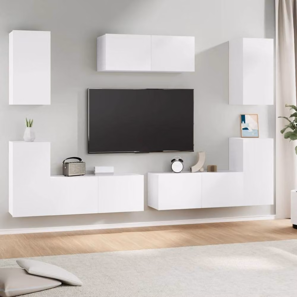 Berkfield Home 7 Piece Classic White TV Cabinet Set with Lowboard and Wall Mounted Units in MDF – 2