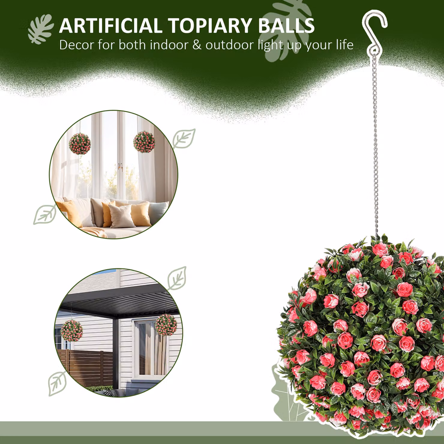 HOMCOM Set of 2 Pink Artificial Rose Ball Topiary Plants, UV-Protected, Diameter: 28 cm – 3