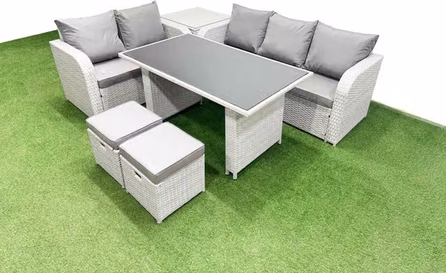 Fimous Garden Furniture Set with Rectangular Dining Table and 2 Small Stools in Light Grey