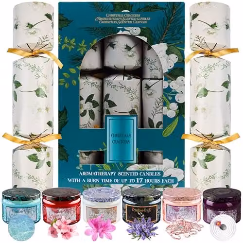 KreativeKraft Luxury Christmas Crackers Pack of 6 with Scented Soy Wax Jar Candles in Gold and Multicolour