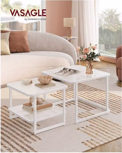 VASAGLE Set of 2 Modern Square Nesting Coffee Tables with LED Lighting and Glass Tops in White