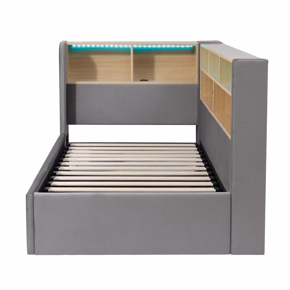 Rolipo Grey Velvet L-Shaped Daybed with Storage, LED Lighting and USB Charging Port, W/D/H: 90 x 190 cm – 5